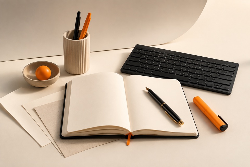 Open notebook with pens, keyboard, and blank paper