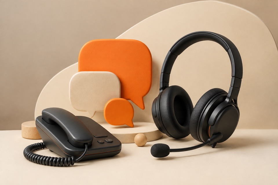 Customer support headset, telephone, and conversation symbols