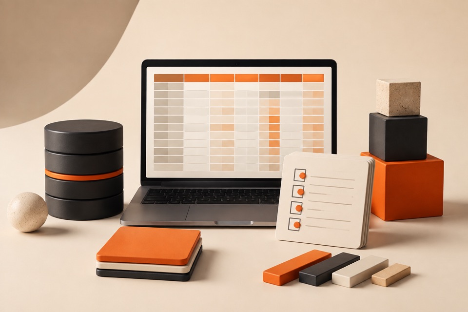 Laptop with an organized spreadsheet, database, and checklist