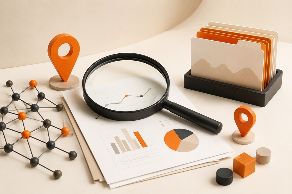 Magnifying glass over charts with folders, map pins, and connected data points