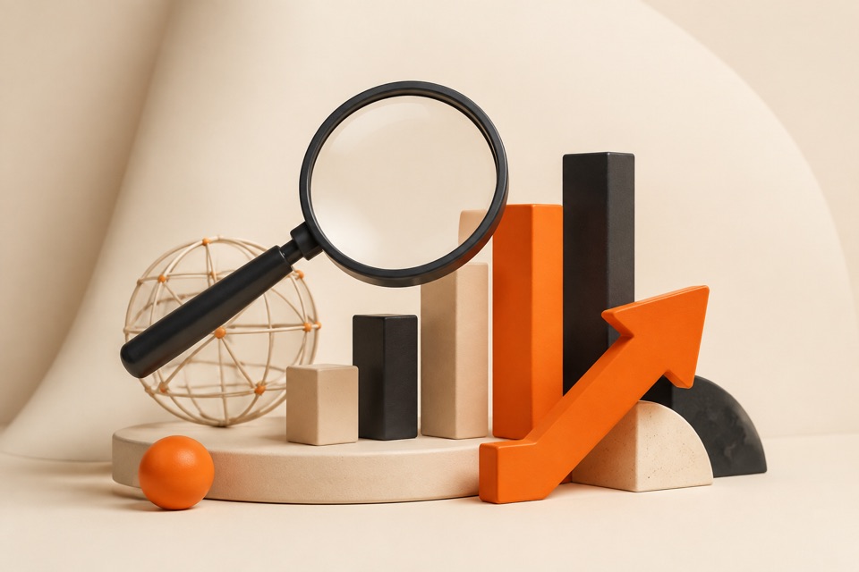 Magnifying glass, growth chart, globe, and upward arrow