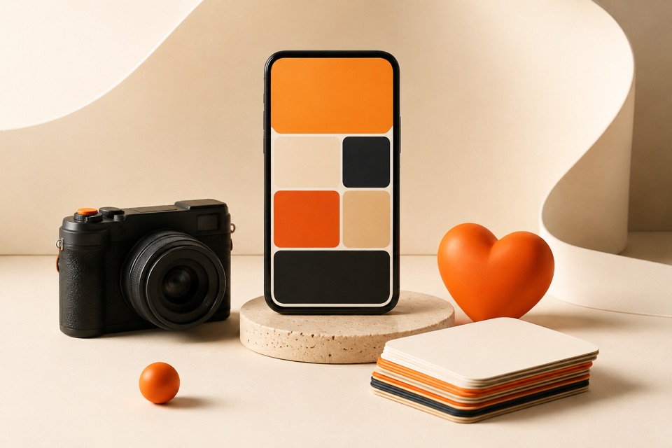 Smartphone, camera, reaction symbol, and content cards