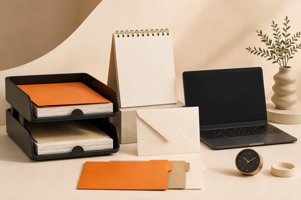Organized workspace with a laptop, calendar, files, and inbox trays